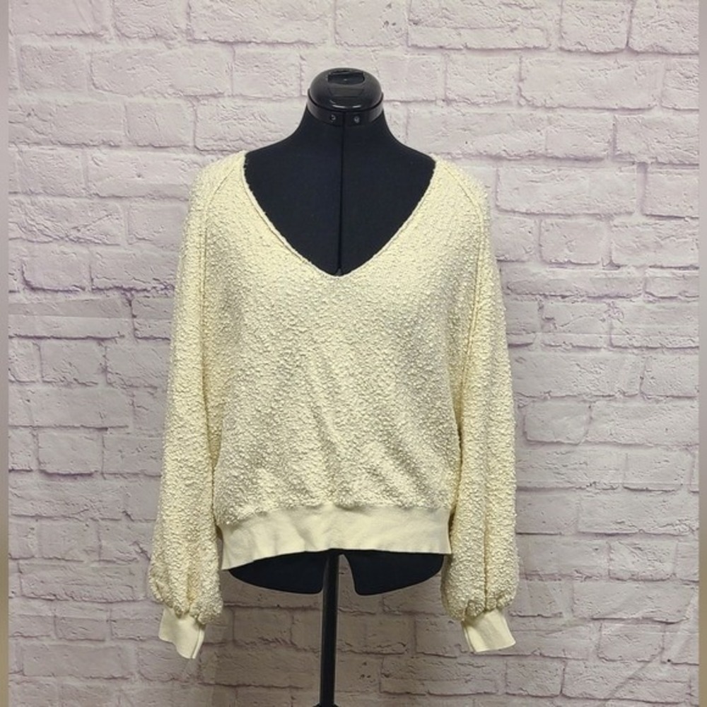 Free People Found My Friend V-Neck Boucle Balloon Sleeve Sweater Ivory‎ Large
